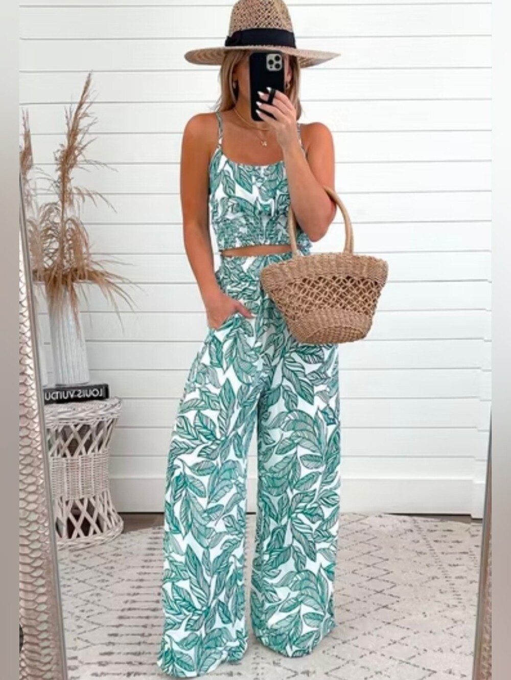 Pink Lily Wide-Leg Pants with Green Leaf Print- Comes As A Set With Crop Top